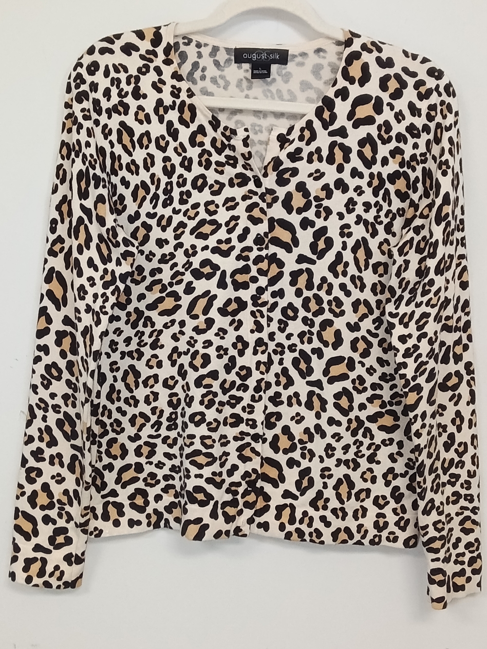 August Silk Cheetah Print Button-Front Lightweight Cotton Viscose Cardigan LG